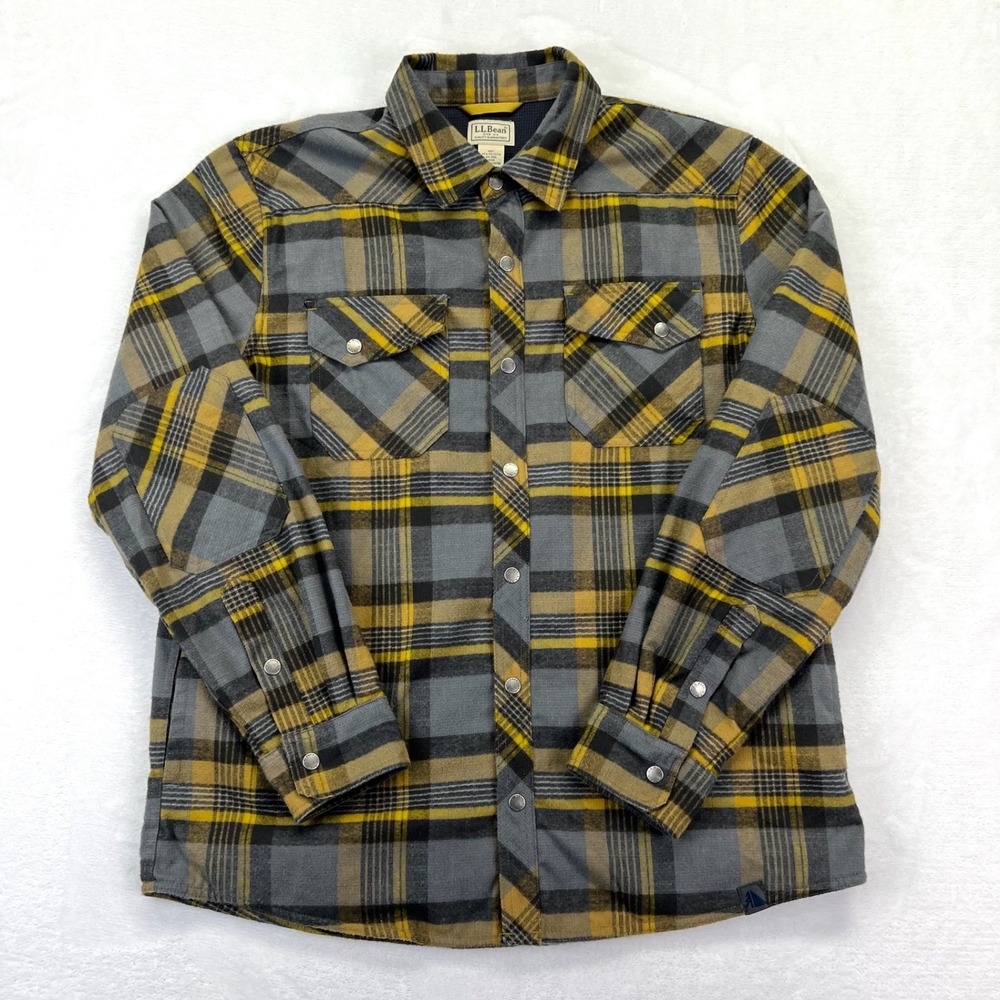 LL Bean Shirt Jacket Mens L Grey Yellow Plaid Wool Blend Waffle Lined Snap Front